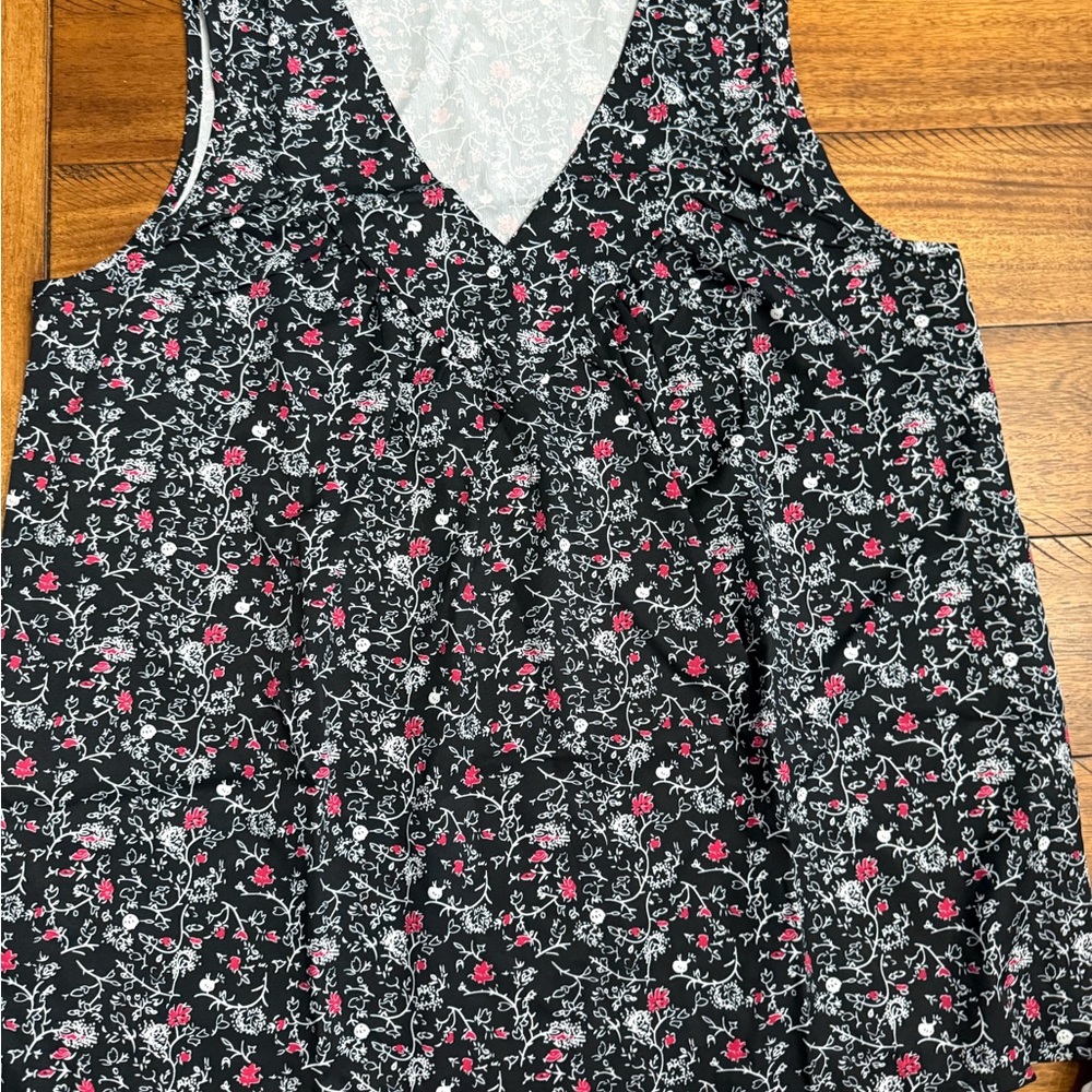 Black Floral V-Neck Sleeveless Top with Pink Accents